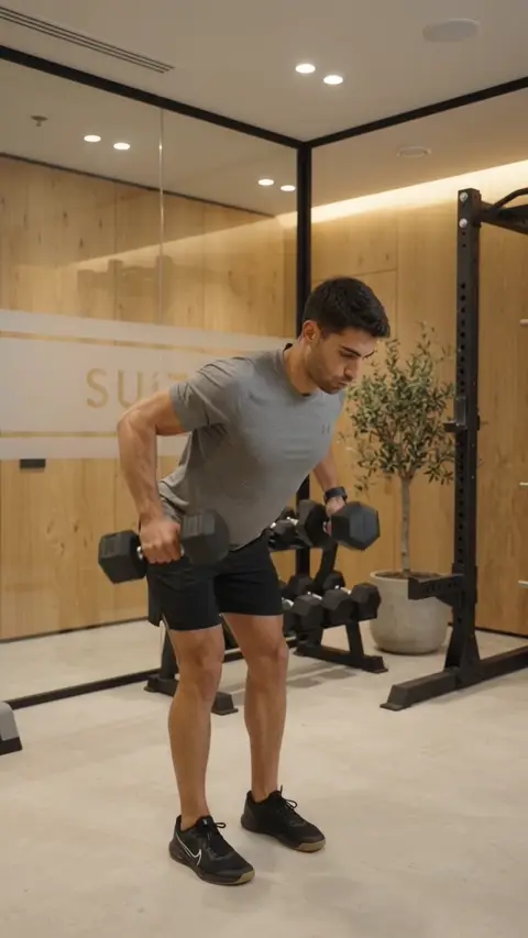 A one-arm dumbbell row being performed in a gym