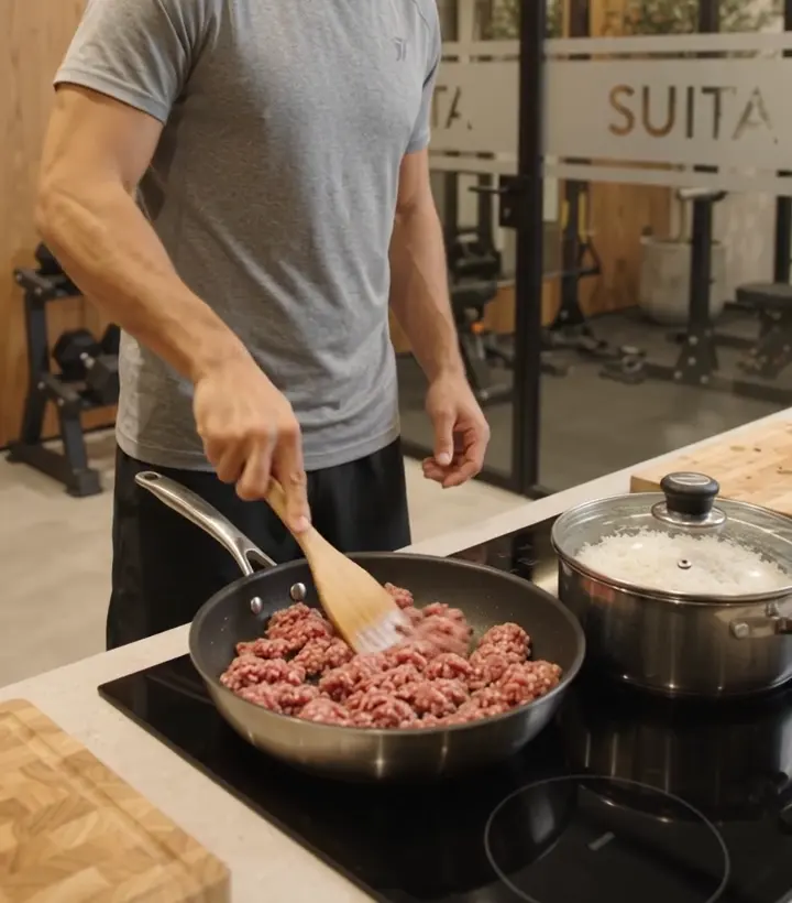 A plate of beef and rice